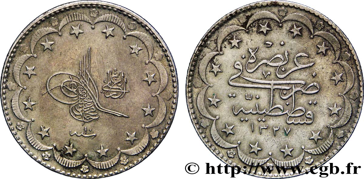 TURQUíA 20 Kurush au nom de Mehmed V Resad AH1327 an 10 1918 Constantinople MBC 