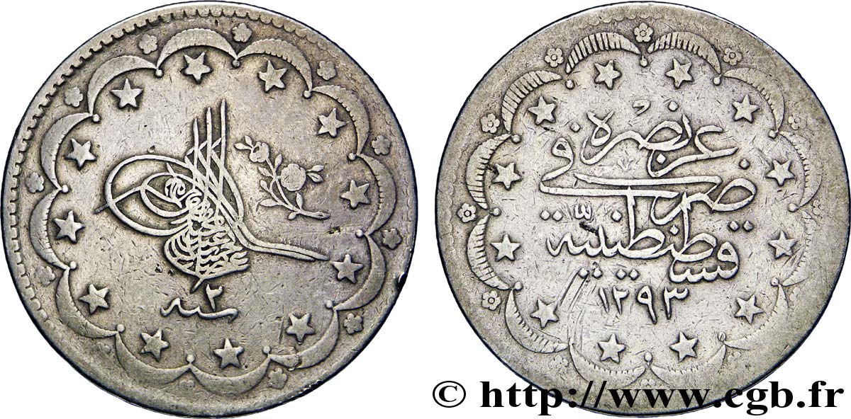 TÜRKEI 20 Kurush au nom de Abdul Hamid II AH 1293 an 2 1877 Constantinople S 