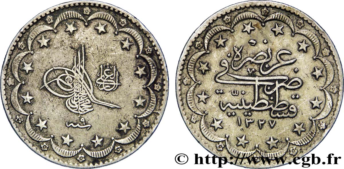 TURCHIA 20 Kurush au nom de Mehmed V Resad AH1327 an 9 1917 Constantinople BB 