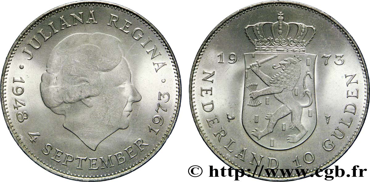 NETHERLANDS 10 Gulden 25e anniversaire de règne, reine Juliana 1973 Utrecht MS 