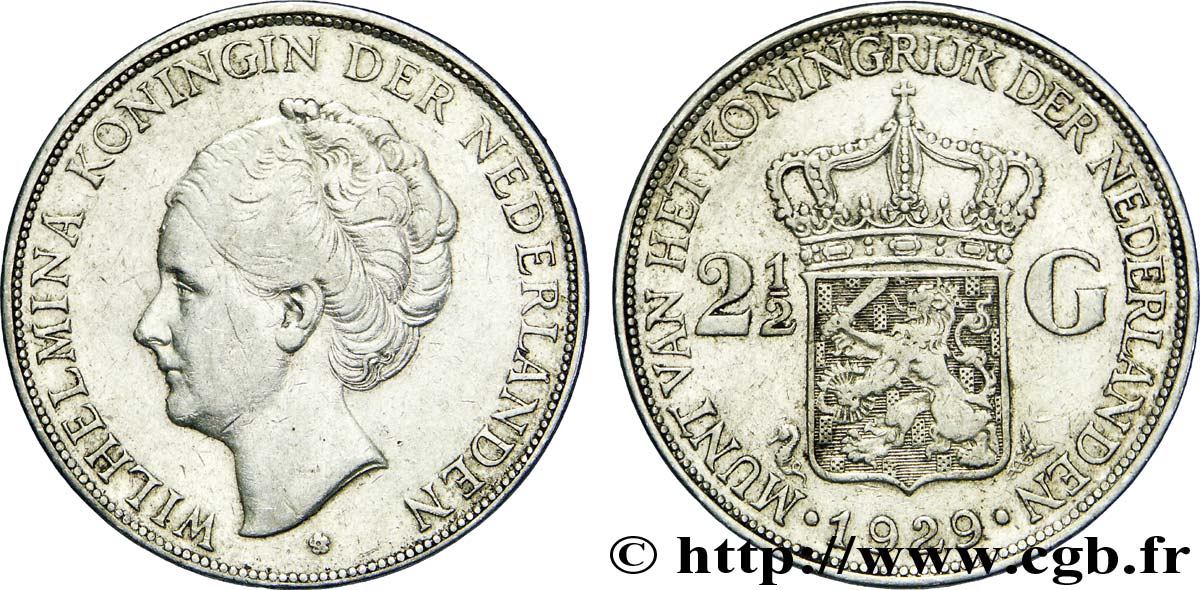 NETHERLANDS 2 1/2 Gulden Wilhelmina 1929  XF 