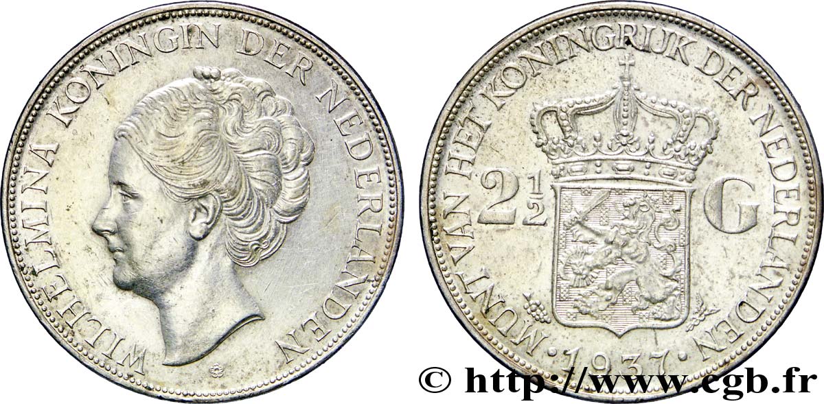 PAESI BASSI 2 1/2 Gulden Wilhelmina 1937  SPL 