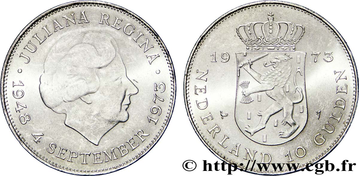 NIEDERLANDE 10 Gulden 25e anniversaire de règne, reine Juliana 1973 Utrecht VZ 