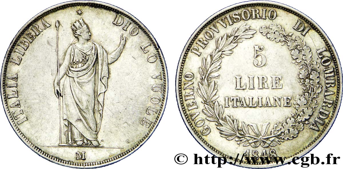 ITALIA - LOMBARDIA 5 Lire Gouvernement provisoire de Lombardie 1848 Milan MBC 