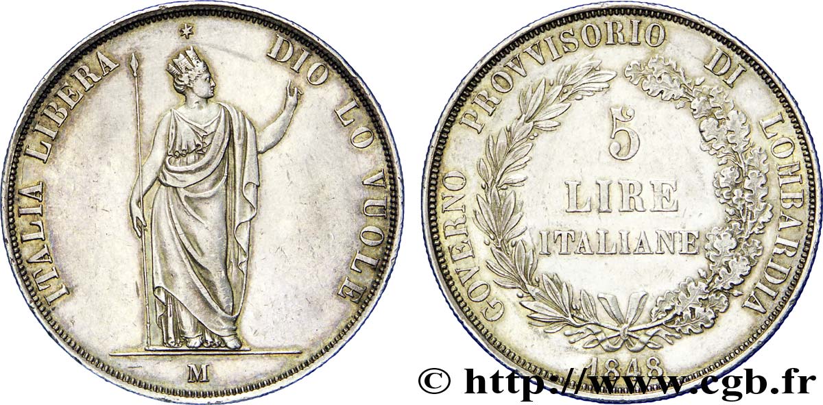 ITALIEN - LOMBARDEI 5 Lire Gouvernement provisoire de Lombardie 1848 Milan fVZ 