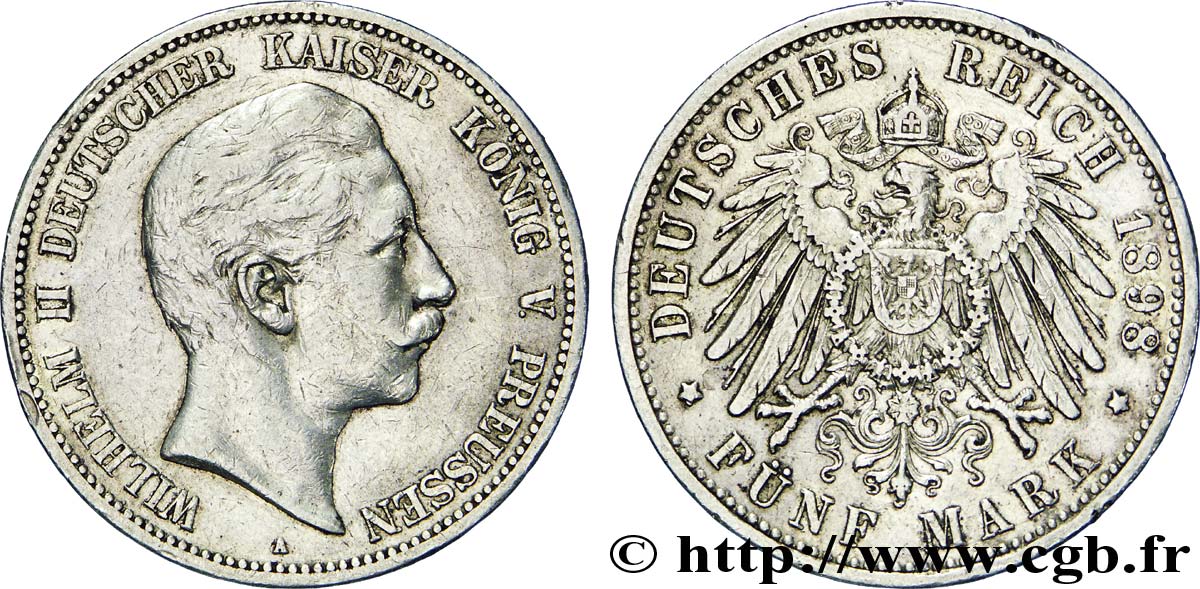GERMANY - PRUSSIA 5 Mark  - Royaume de Prusse Guillaume II / aigle 1898 Berlin XF 