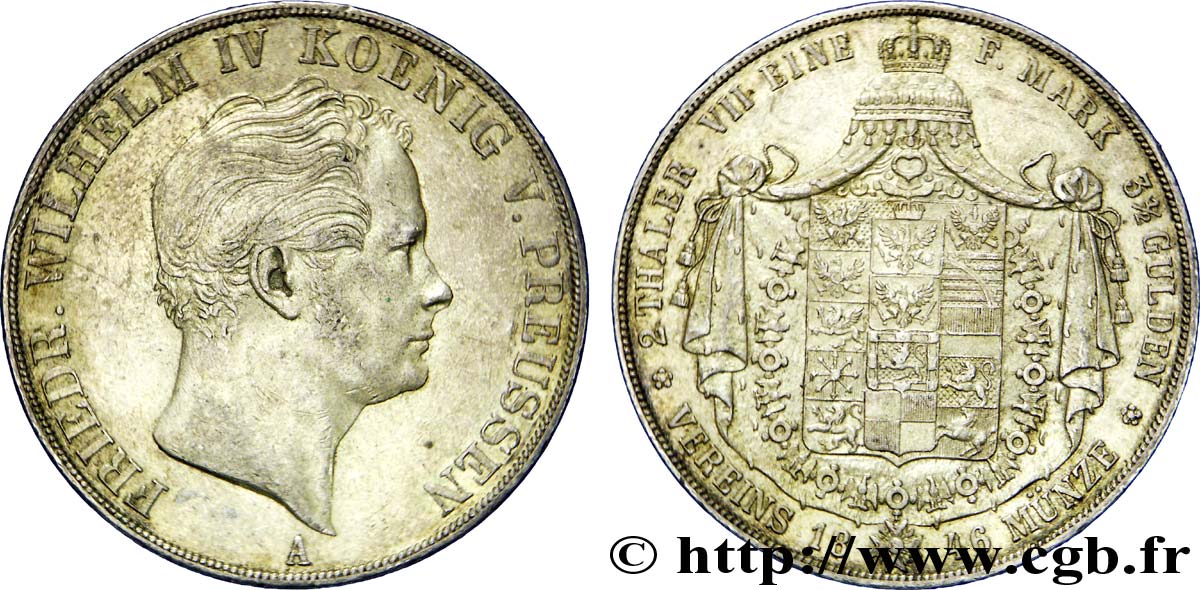 GERMANY 2 Thaler (3 1/2 gulden) Frédéric-Guillaume IV / écu armorié couronné 1846 Berlin XF 