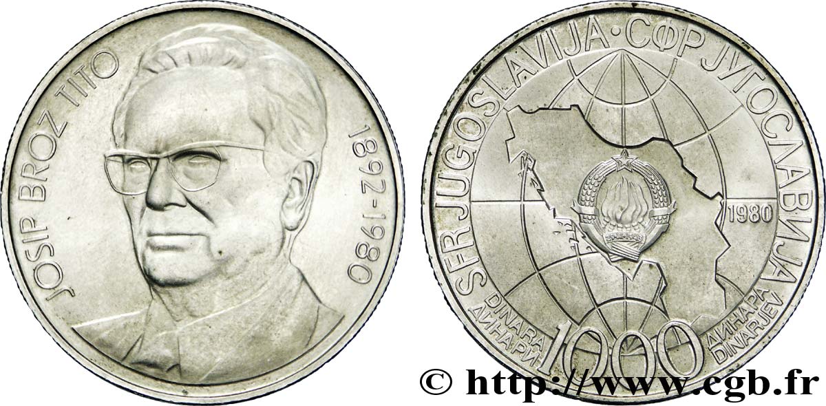 YUGOSLAVIA 1000 Dinara emblème de la RFSY et carte / Josip Broz Tito 1980  EBC 