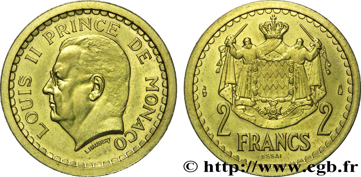 MONACO Essai de 2 Francs Bronze-aluminium Louis II (1943) Paris SC 