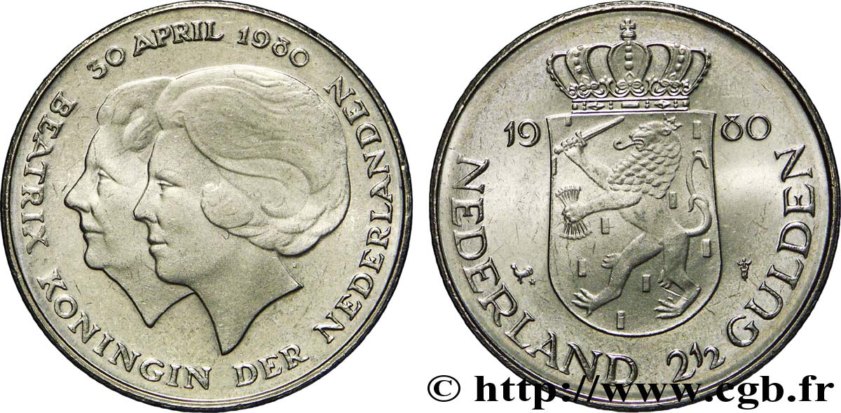 PAESI BASSI 2 1/2 Gulden couronnement de la reine Beatrix, buste de Juliana au second plan 1980 Utrecht SPL 