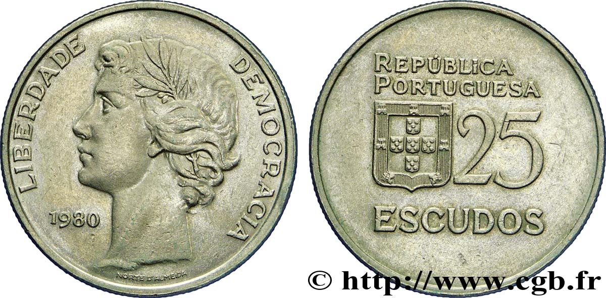PORTUGAL 25 Escudos “liberté et démocratie” 1980  MBC+ 