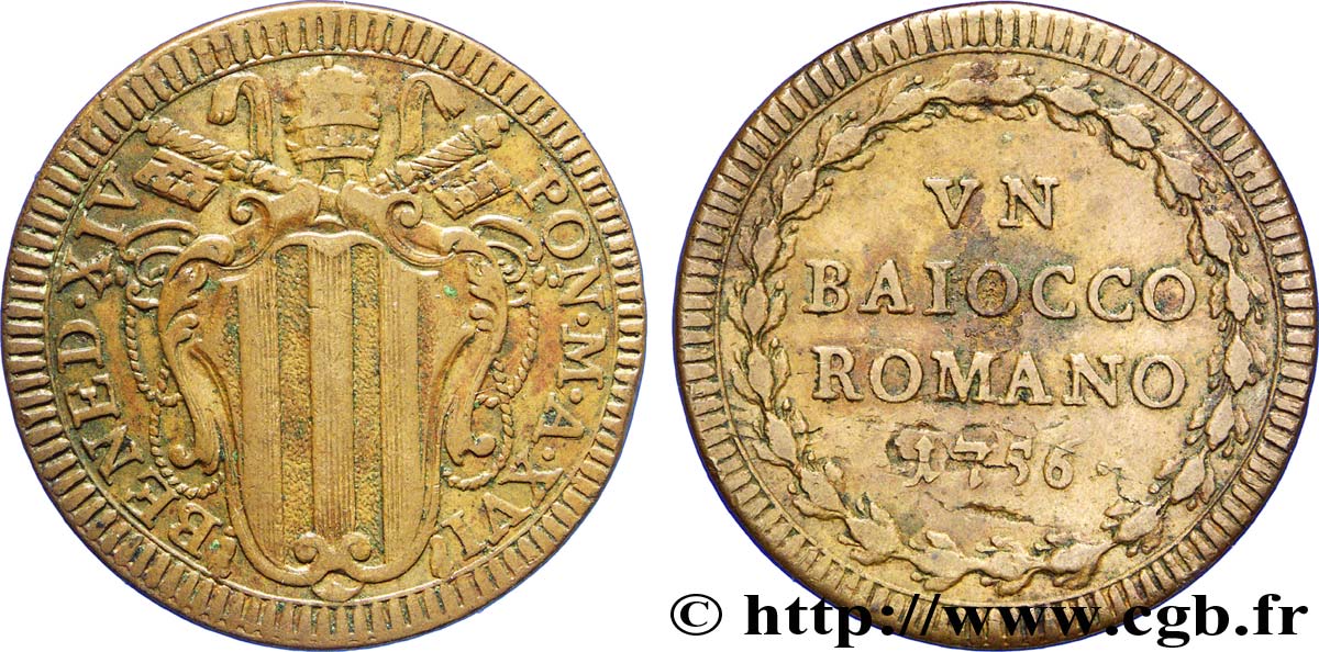VATICANO Y ESTADOS PONTIFICIOS 1 Baiocco armes du vatican frappée au nom de Benoît XIV an XVI 1756 Rome MBC 