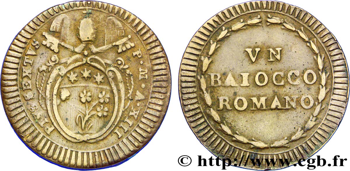 VATICAN AND PAPAL STATES 1 Baiocco frappe au nom de Pie VI an XIII 1787 Rome XF 