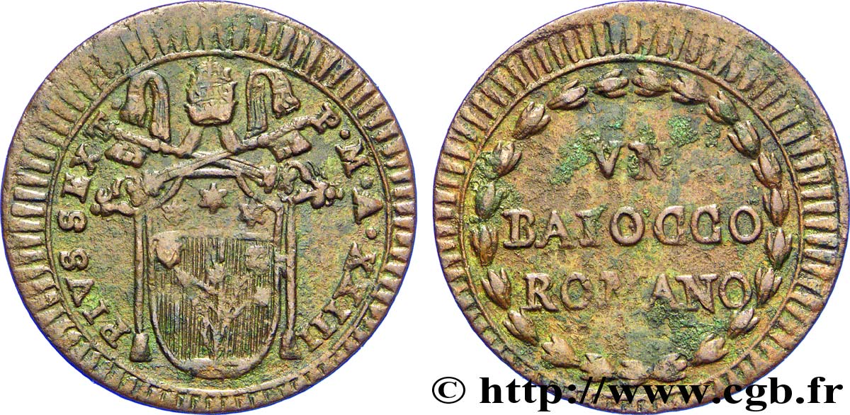 VATICAN AND PAPAL STATES 1 Baiocco frappe au nom de Pie VI an XXIII 1797 Rome VF 