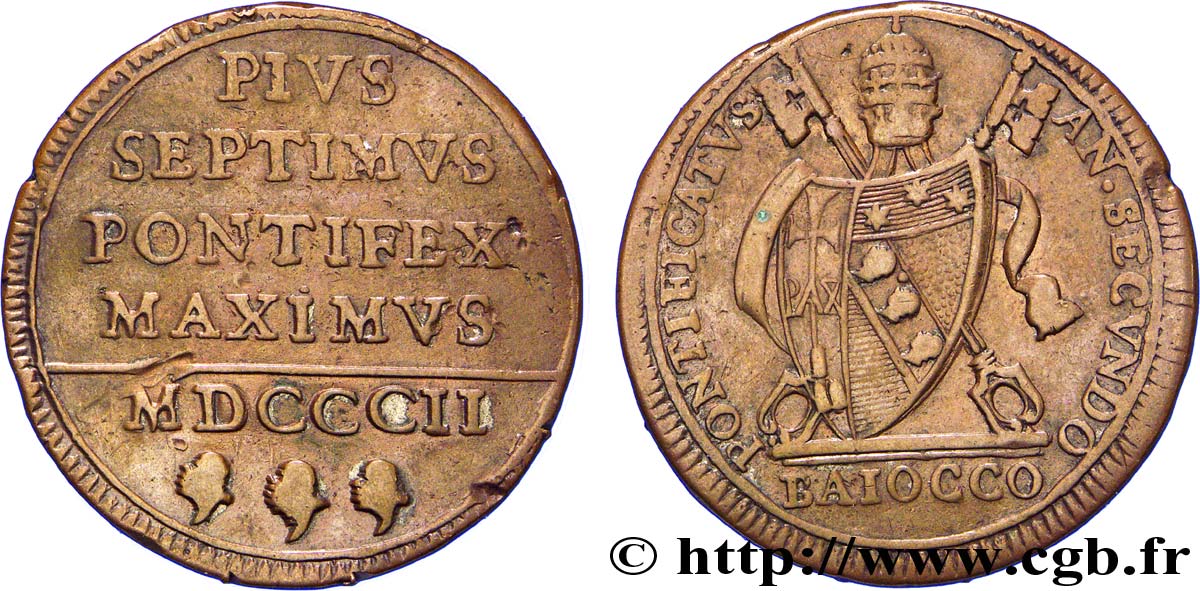 VATIKANSTAAT UND KIRCHENSTAAT 1 Baiocco armes du vatican frappé au nom de Pie VII an II 1802 Rome fSS 