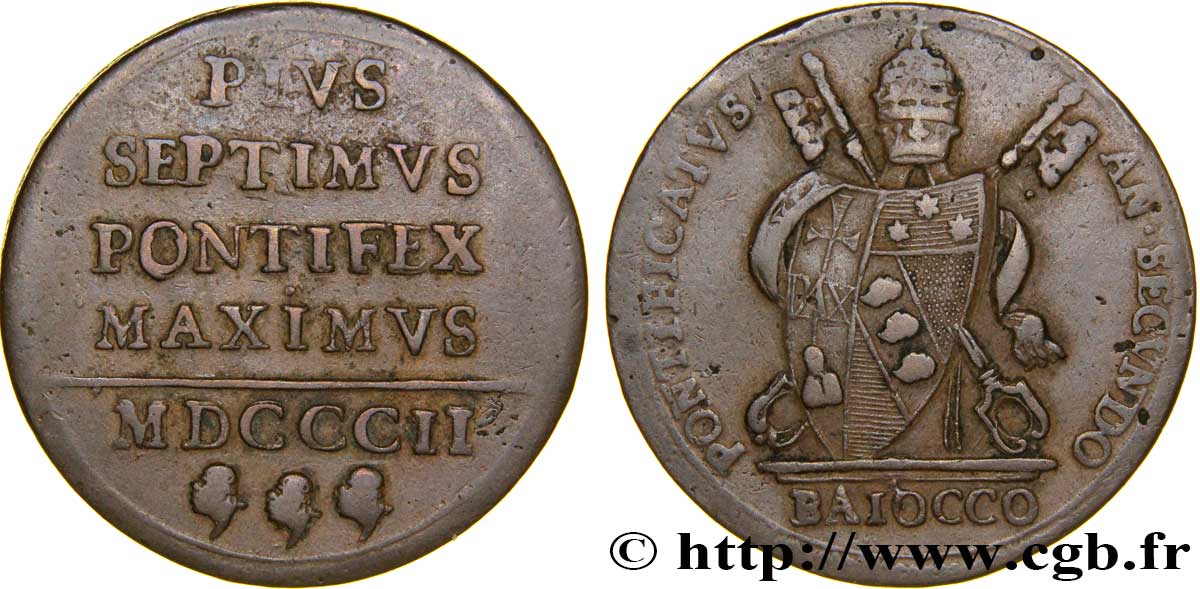 VATICANO Y ESTADOS PONTIFICIOS 1 Baiocco armes du vatican frappé au nom de Pie VII an II 1802 Rome BC+ 