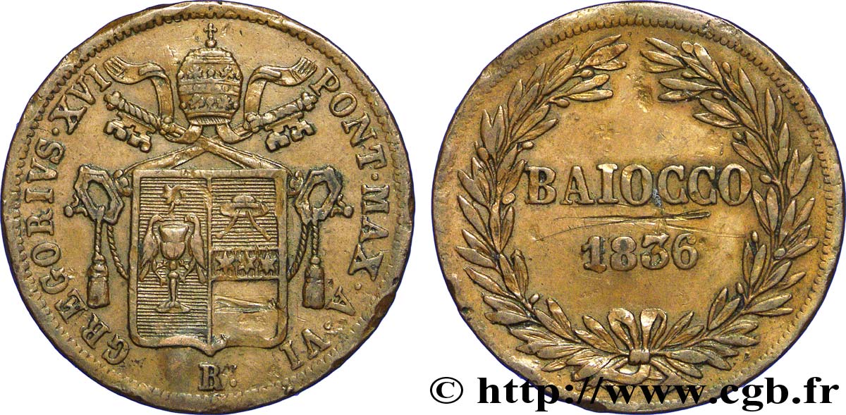 VATICAN AND PAPAL STATES 1 Baiocco frappé au nom de Grégoire XVI an VI 1836 Rome XF 