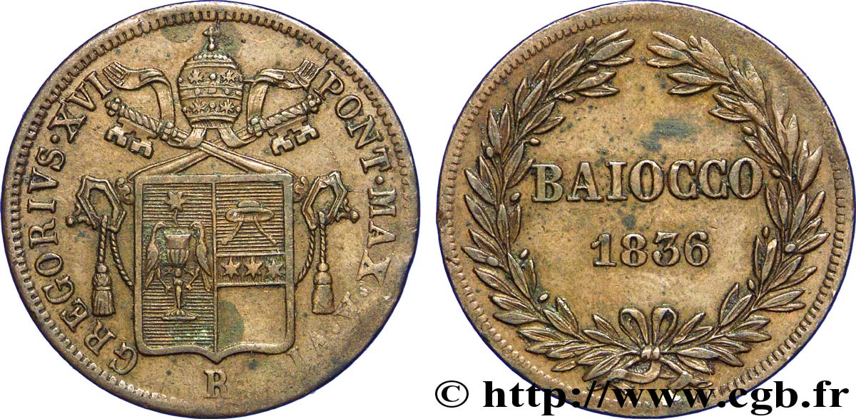 VATICAN AND PAPAL STATES 1 Baiocco frappé au nom de Grégoire XVI an VI 1836 Rome AU 