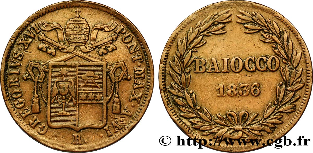 VATICAN AND PAPAL STATES 1 Baiocco frappé au nom de Grégoire XVI an VI 1836 Rome AU 