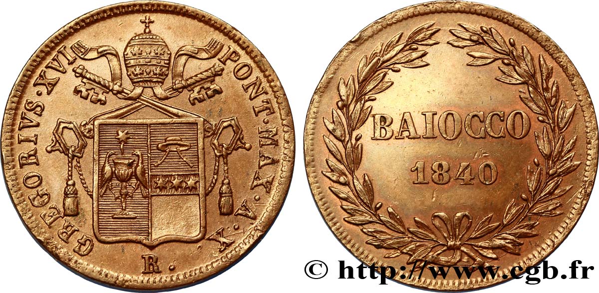 VATICAN AND PAPAL STATES 1 Baiocco armes du vatican frappé au nom de Grégoire XVI an X 1840 Rome AU 