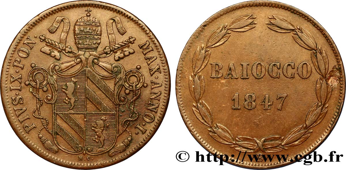 VATICANO Y ESTADOS PONTIFICIOS 1 Baiocco armes du vatican frappé au nom de Pie IX an I 1847 Bologne - B MBC 