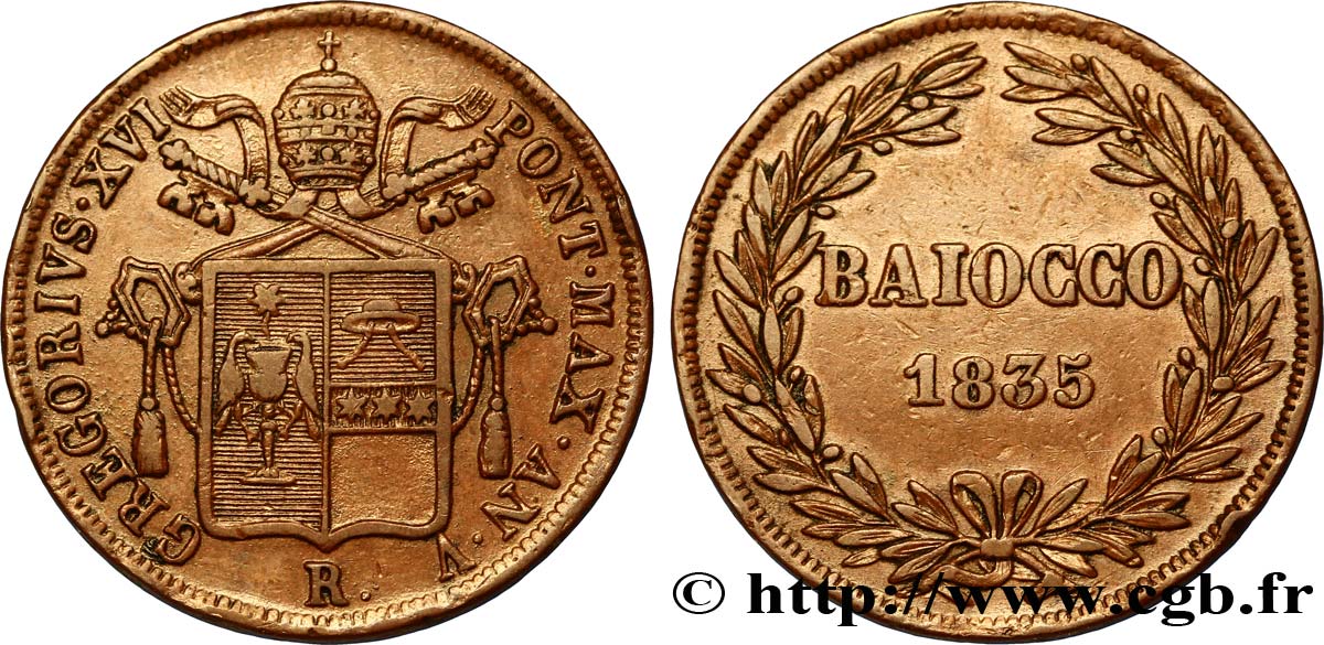 VATICAN AND PAPAL STATES 1 Baiocco frappé au nom de Grégoire XVI an V 1835 Rome AU 