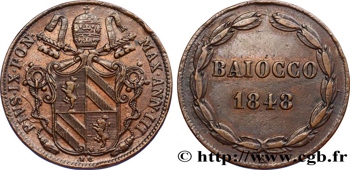 VATICAN AND PAPAL STATES 1 Baiocco armes du vatican frappé au nom de Pie IX an III 1848 Rome AU 