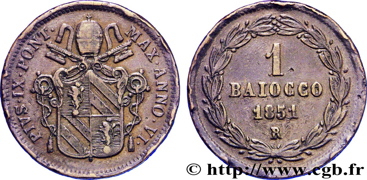VATICANO Y ESTADOS PONTIFICIOS 1 Baiocco Pie IX an V 1851 Rome BC+ 