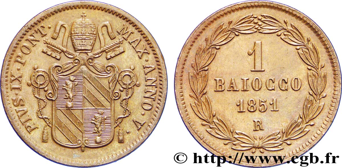 VATICANO Y ESTADOS PONTIFICIOS 1 Baiocco Pie IX an V 1851 Rome EBC 