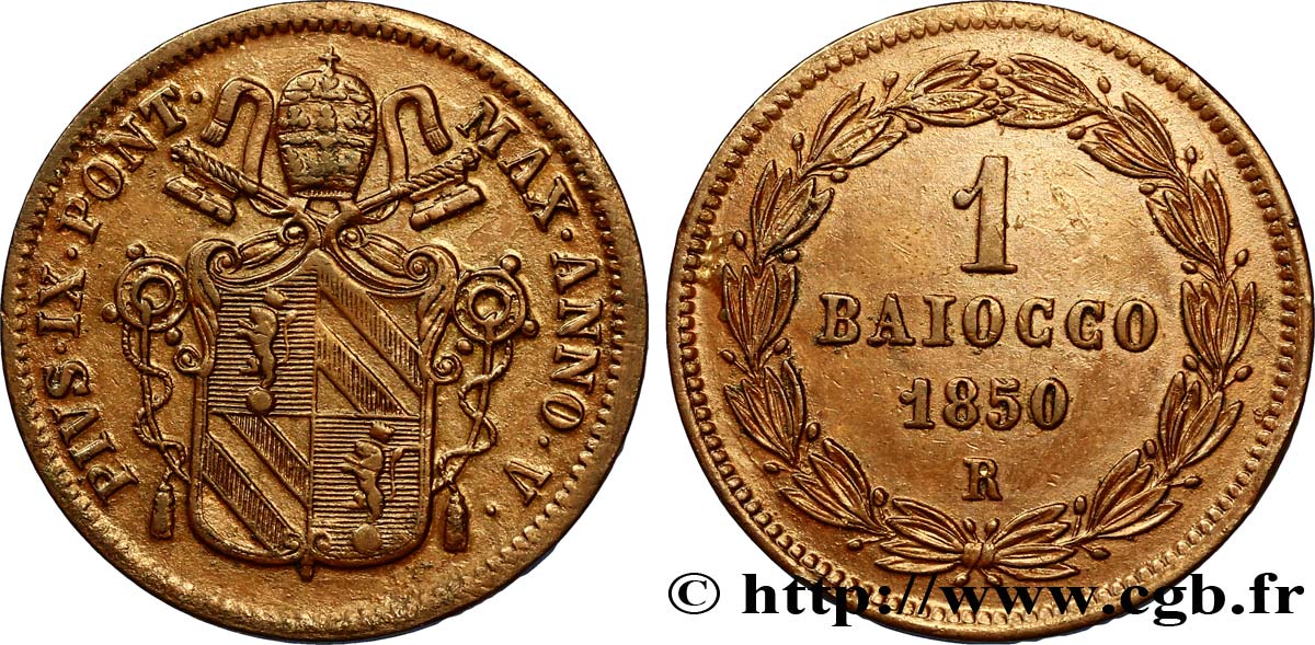 VATICANO Y ESTADOS PONTIFICIOS 1 Baiocco Pie IX an V 1850 Rome EBC 