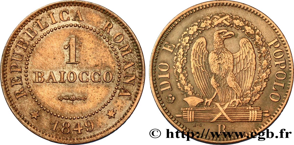 ITALIA - REPÚBLICA ROMANA 1 Baiocco République Romaine aigle sur faisceaux 1849 Rome - R MBC+ 