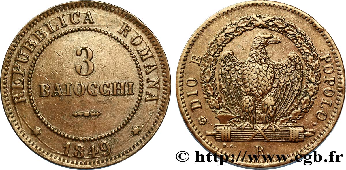 ITALIA - REPÚBLICA ROMANA 3 Baiocchi République Romaine aigle sur faisceaux variante avec boucle haute du “3” ronde 1849 Rome - R EBC 