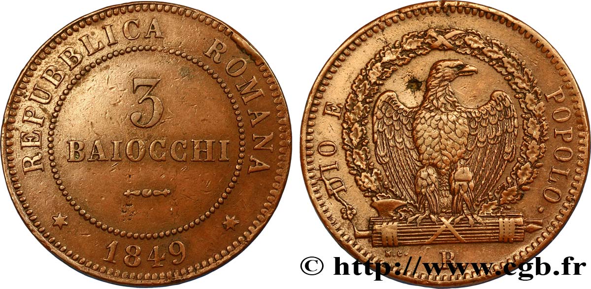 ITALIA - REPUBBLICA ROMANA 3 Baiocchi République Romaine aigle sur faisceaux type au grand “3” 1849 Rome - R q.SPL 