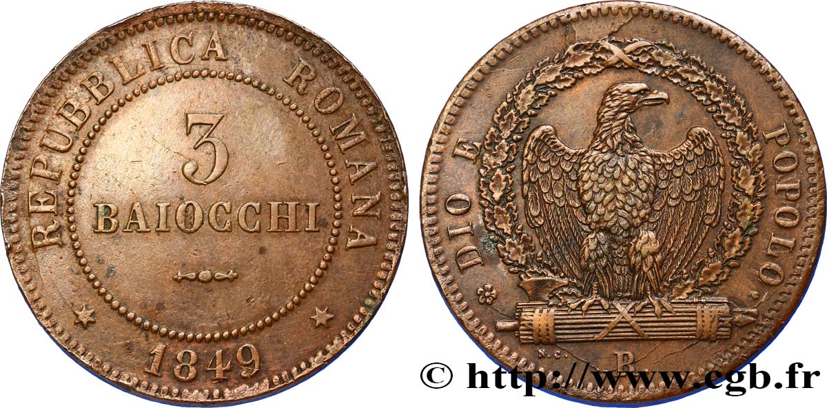 ITALIA - REPÚBLICA ROMANA 3 Baiocchi République Romaine aigle sur faisceaux type au grand “3” 1849 Rome - R EBC 
