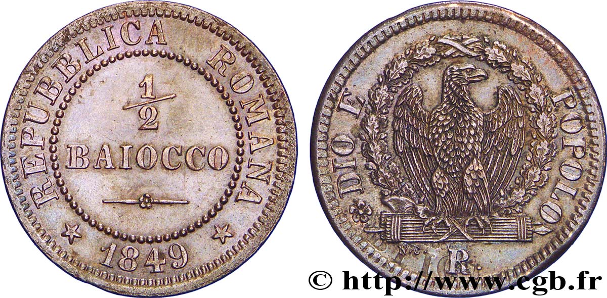 ITALIE - RÉPUBLIQUE ROMAINE 1/2 Baiocco République Romaine aigle sur faisceaux type au “3” trapu 1849 Rome - R SUP 