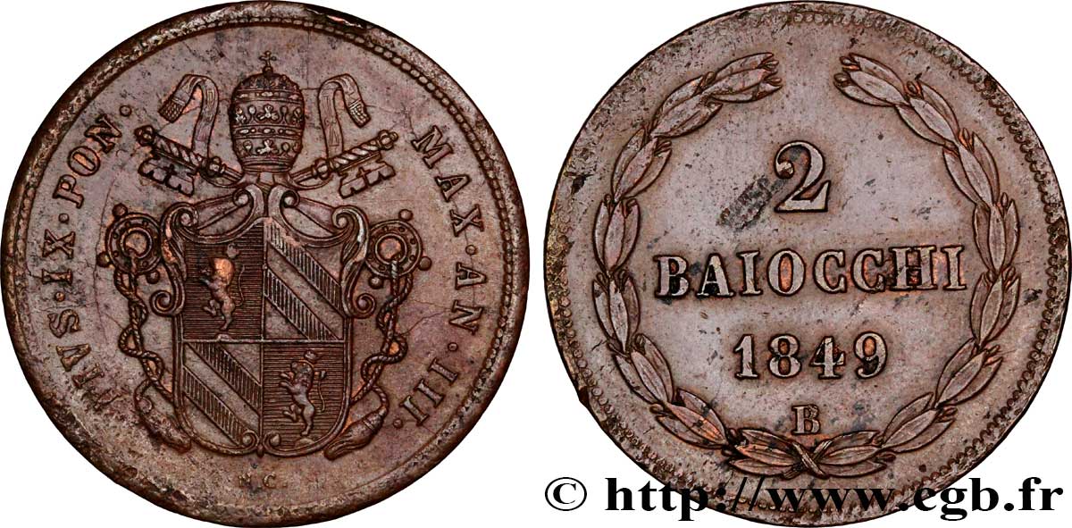 VATICAN AND PAPAL STATES 2 Baiocchi frappe au nom de Pie IX an III 1849 Bologne - B AU 