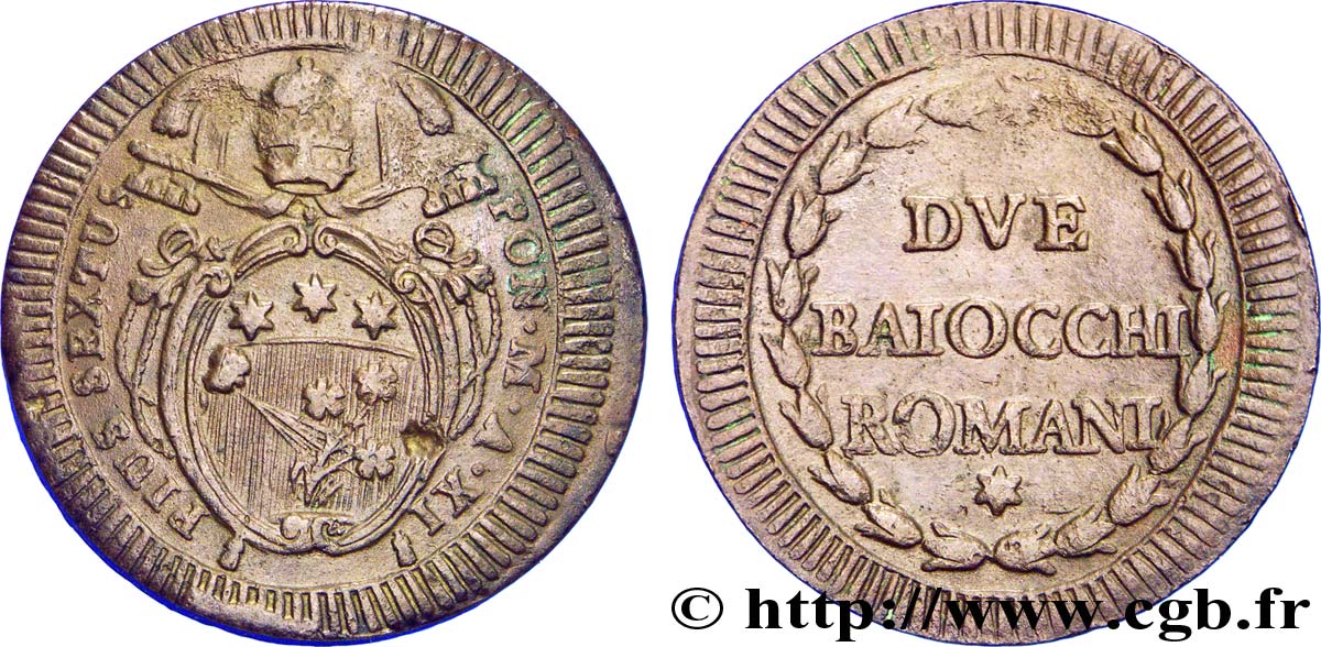 VATICAN AND PAPAL STATES 2 Baiocchi frappe au nom de Pie VI an XI 1785 Rome XF 