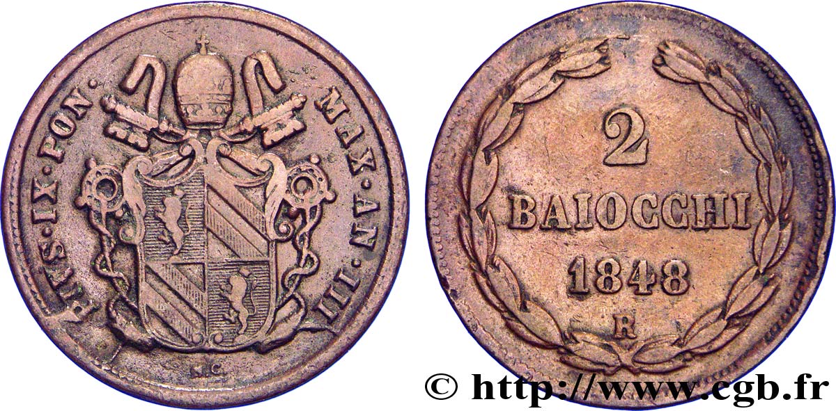 VATICANO E STATO PONTIFICIO 2 Baiocchi frappe au nom de Pie IX an III 1848 Rome q.BB 