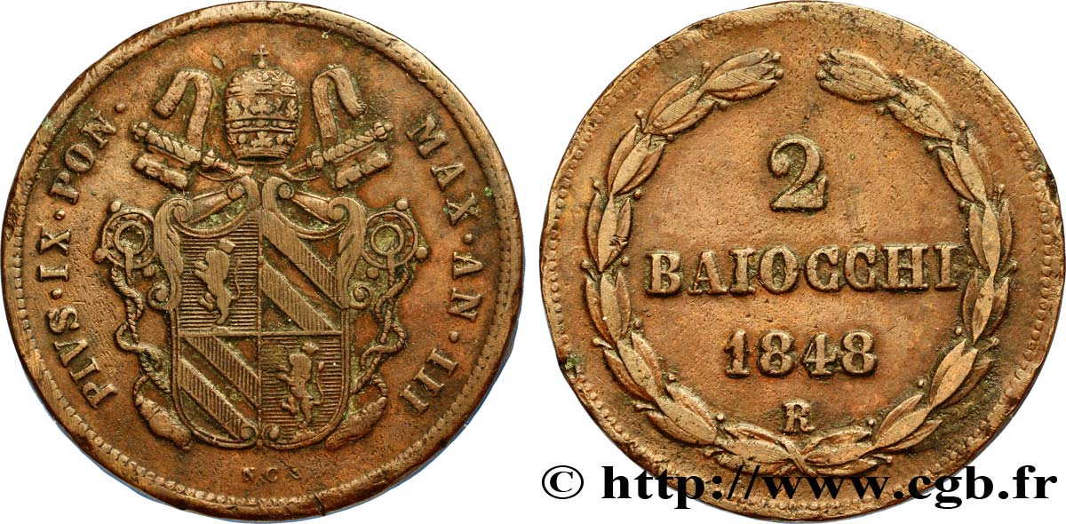 VATICAN AND PAPAL STATES 2 Baiocchi frappe au nom de Pie IX an III 1848 Rome VF 