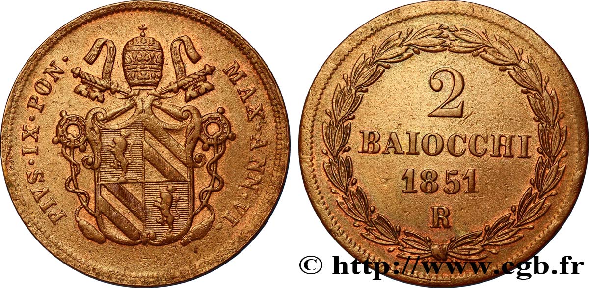 VATICANO E STATO PONTIFICIO 2 Baiocchi frappe au nom de Pie IX an V 1851 Rome BB 