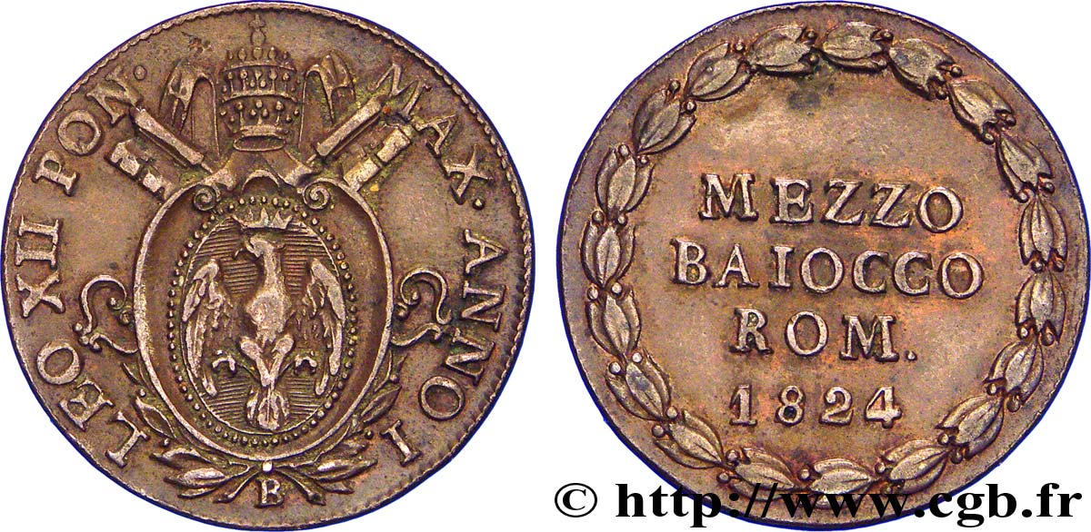 VATICANO Y ESTADOS PONTIFICIOS 1/2 Baiocco frappé au nom de Léon XII an I 1824 Bologne - B MBC+ 