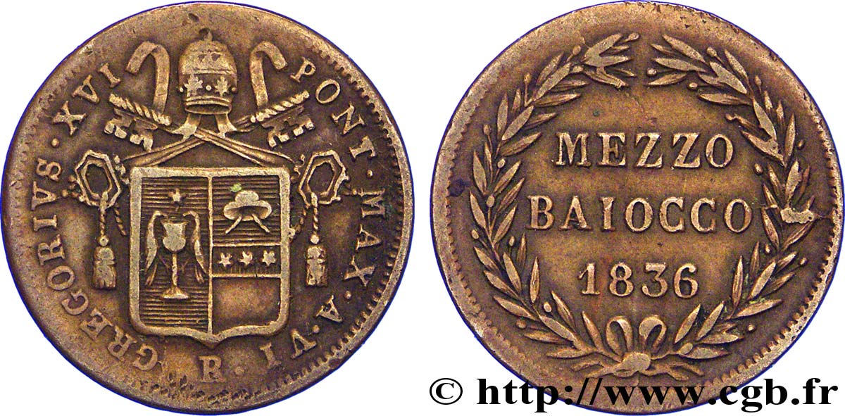 VATICAN AND PAPAL STATES 1/2 Baiocco frappé au nom de Grégoire XVI an VI 1836 Rome XF 