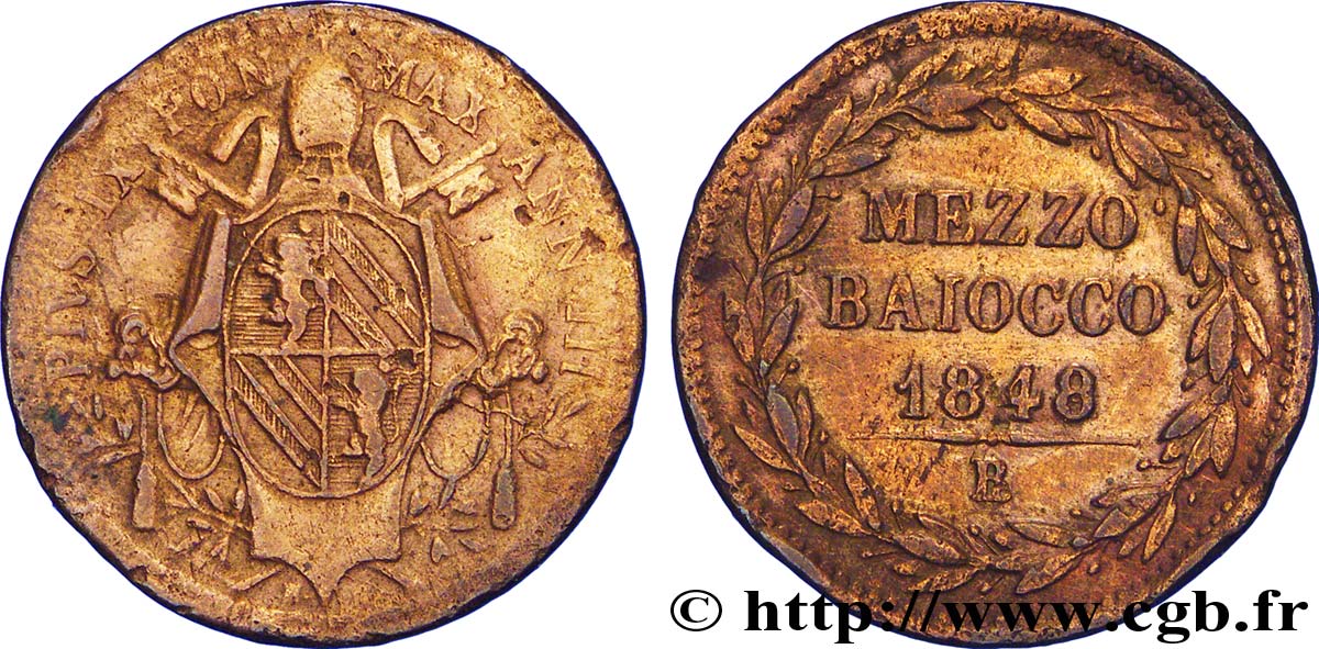 VATICAN AND PAPAL STATES 1/2 Baiocco frappé au nom de Pie IX an III 1848 Rome VF 