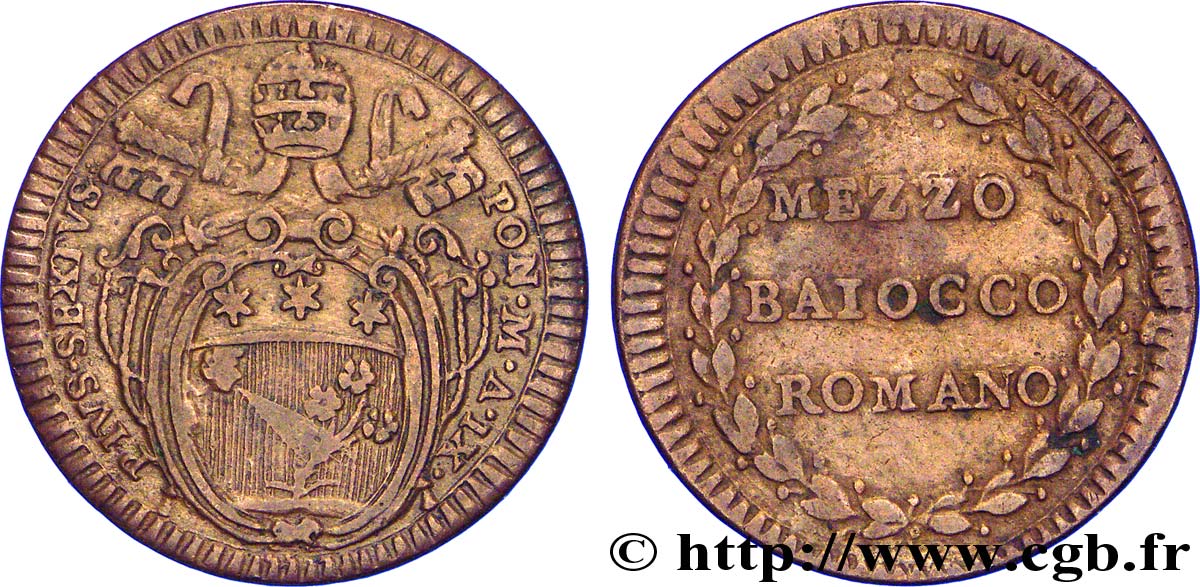 VATICANO Y ESTADOS PONTIFICIOS 1/2 Baiocco armes du vatican frappée au nom de Pie VI an IX 1783  MBC 