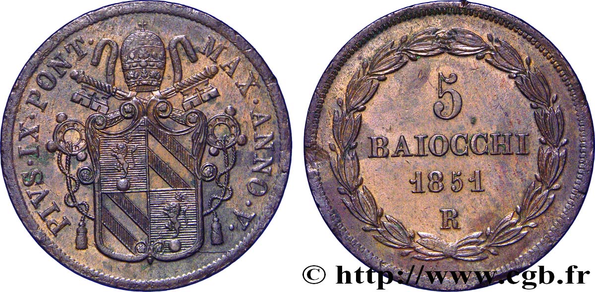 VATICANO Y ESTADOS PONTIFICIOS 5 Baiocchi frappé au nom de Pie IX an V 1851 Rome EBC 