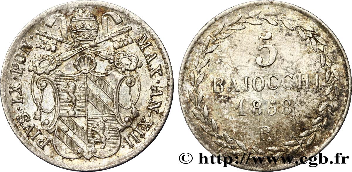 VATICAN AND PAPAL STATES 5 Baiocchi frappé au nom de Pie IX an XIII 1858 Rome AU 