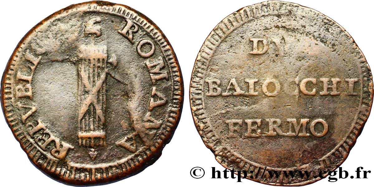 ITALY - ROMAN REPUBLIC 2 Baiocchi ville de Fermo an I (1798) N.D. Fermo VF 