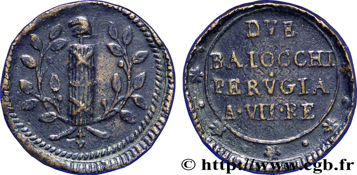 ITALY - ROMAN REPUBLIC 2 Baiocchi ville de Pérouse an VII N.D. Pérouse VF 