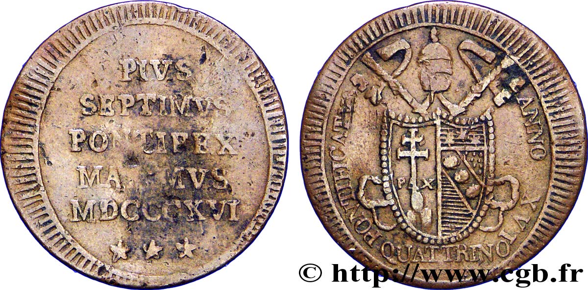 VATICAN AND PAPAL STATES 1 Quattrino frappe au nom de Pie VII an XVI 1816 Rome VF 