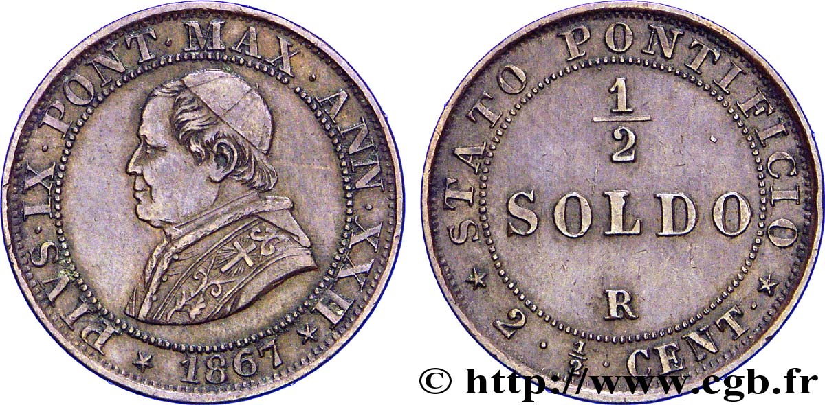 VATICAN AND PAPAL STATES 1/2 Soldo (2 1/2 centesimi) Pie IX an XXII 1867 Rome AU 